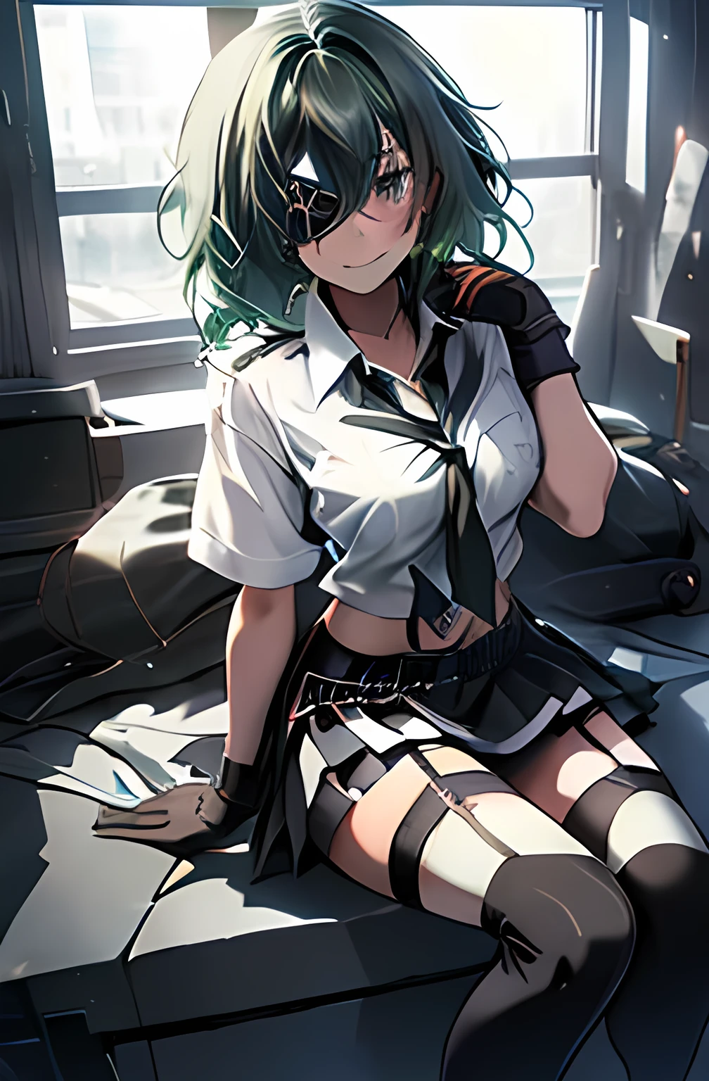  one girl (green hair,  shortcut , smile, eye patch on the right eye, garter belt ， black miniskirt,  Black Knee-High, white shirt,Black blazer, I'm looking at this),anime, cinematic lighting,  highres icon, best quality, high details, textured skin, anatomically correct