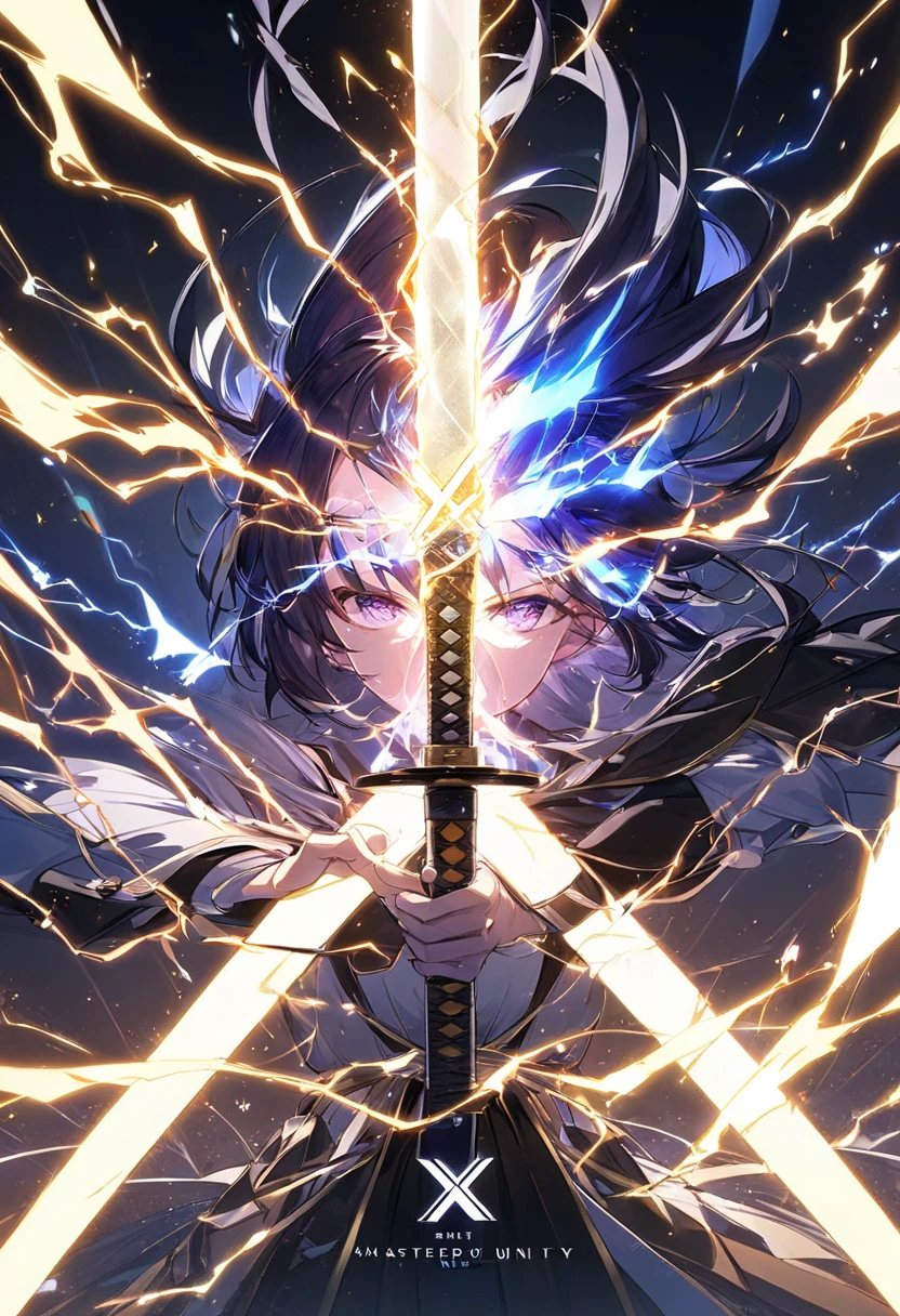 An anime illustration of a huge "X" logo being cut into pieces by a large KATANA that emits electricity. Intense electricity emission effect. masterpiece, best quality, extremely detailed CG unity 8k wallpaper,