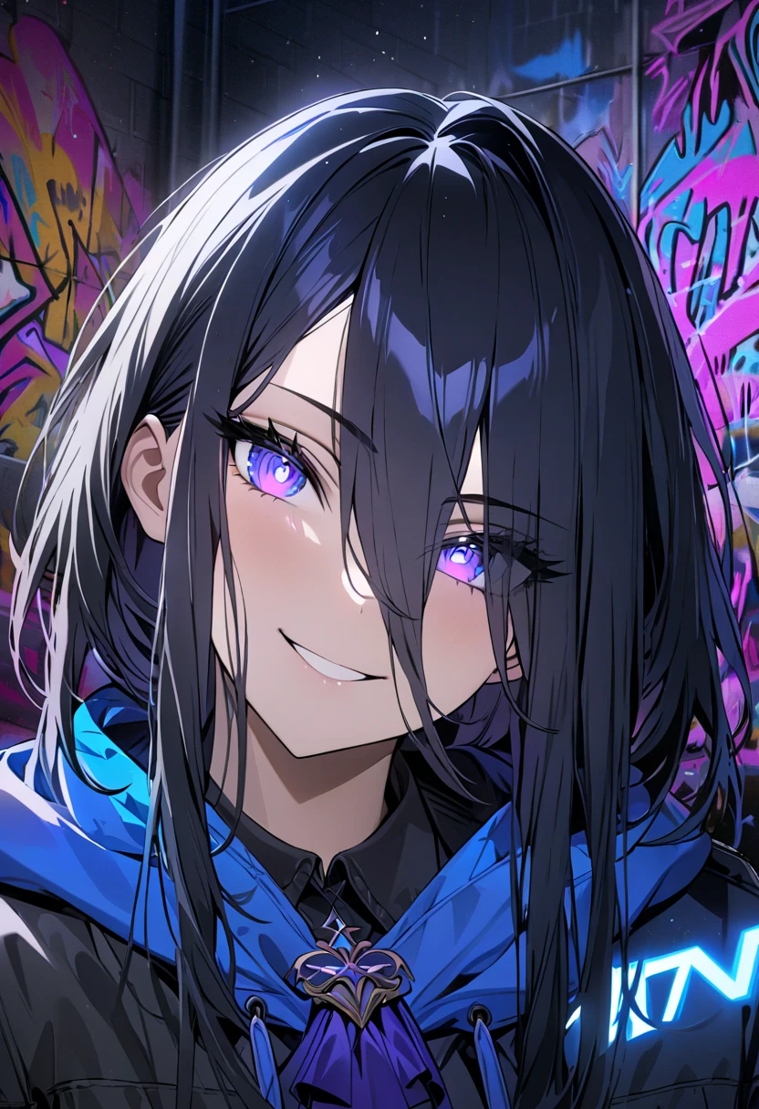 masterpiece,  best quality, 8k, detailed background, masterpiece,  best quality, smile,  t I ,  HOODIE, Portraiture, Neon Blue, graffiti, dark, night, Shining Eyes,  Black Light,Clorinde