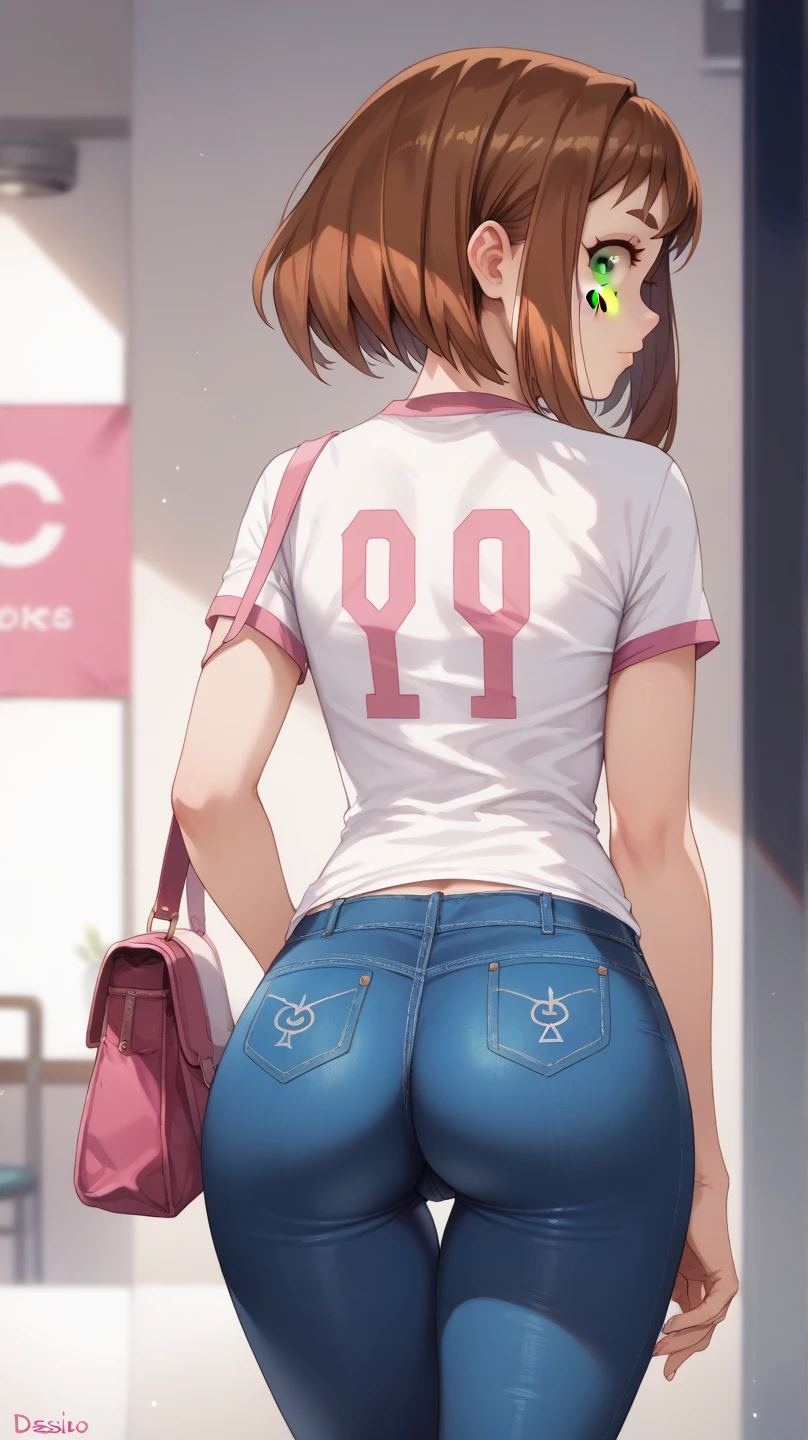 , ochako uraraka, brown eyes, brown hair, short hair, blush, blush stickers, skin tight, sexy body, sexy figure, sexy, desireable, butt, back view, back, dos, fesses , pantalon jeans, tshirt rose, dos,  bottes noires,  , elle est courte