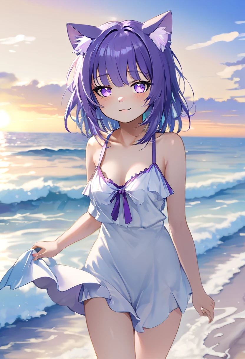  super precise illustration 、Delicate illustration 1 girl、ho****ve、Nekomata okayu、 animal ears 、solo、Purple Eyes、Purple Hair、Cat ears、ahoge、 animal ears の綿毛、chest、Hair between the eyes、Cat Girl、evening、beach、sunset、bikini、 swimsuit、 flip flops through the waves、wind、Smiling Kindly、null、sunset、Water&#39;s Edge、 standing