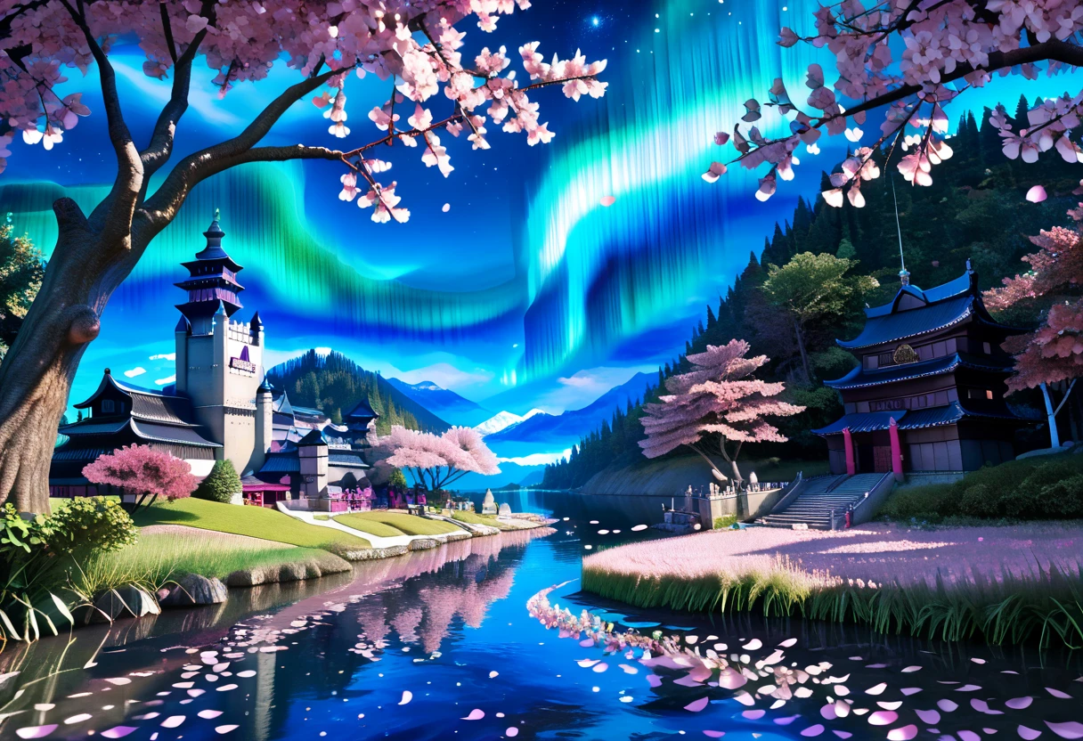 score_9, score_8_up, score_7_up, 3d, (Scenic Background, View of a Japanese Style Castle, Surrounded by a lake, Cherry Blossom Trees, Falling Cherry Blossom Petals, aurora and stars fill the night sky: 1.3), extremely detailed, ray tracing, RTX, high saturation, high contrast, photon mapping, (sharp image), (best quality), (detailed background), (intricate details), (lowkeylights_v2), (Dark), (Low-Key)
