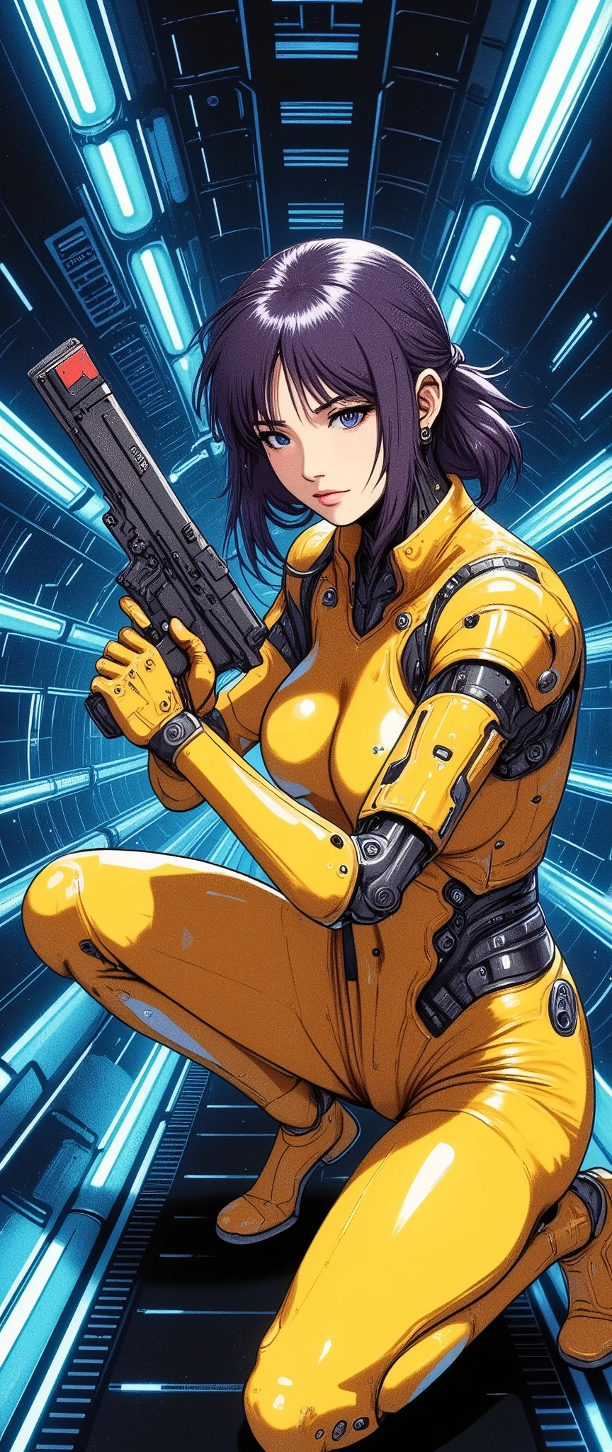 (masterpiece, best illustration,Super detailed),( android woman),(front:2.0),( beautiful face),( beautiful eyes),( is looking over here:2.0),(Serious:2.0),(Hold the gun and aim at the camera:2.0),(Point the gun at the camera:2.0),(squat:2.0),(Raise your right knee:2.0),(The background is a tunnel drawn by stretching blue hologram lines in blue cyber space),( detailed hands :2.0),(Beautiful female hands:2.0),,(Neon colored planetary groups in the background)