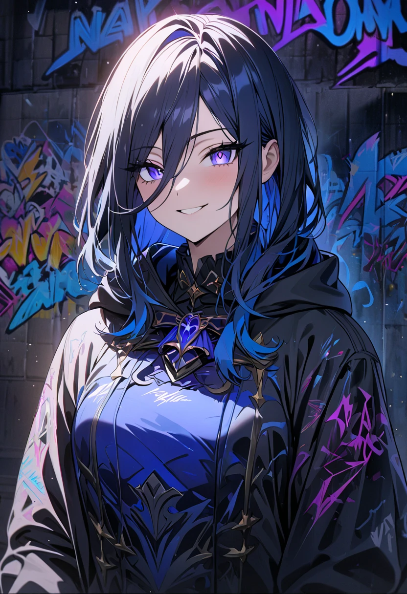 masterpiece,  best quality, 8k, detailed background, masterpiece,  best quality, smile,  t I ,  HOODIE, Portraiture, Neon Blue, graffiti, dark, night, Shining Eyes,  Black Light,Clorinde