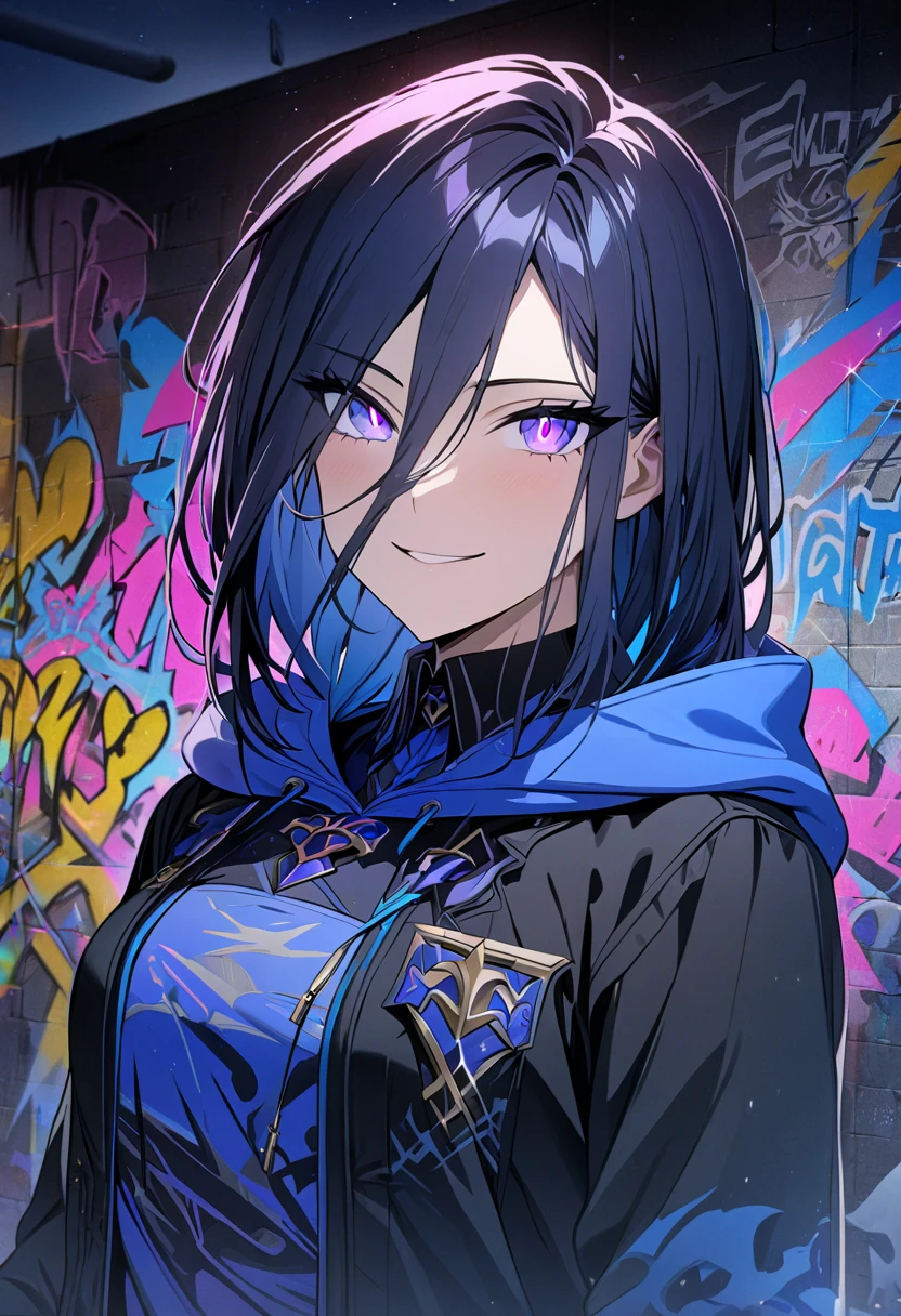 masterpiece,  best quality, 8k, detailed background, masterpiece,  best quality, smile,  t I ,  HOODIE, Portraiture, Neon Blue, graffiti, dark, night, Shining Eyes,  Black Light,Clorinde