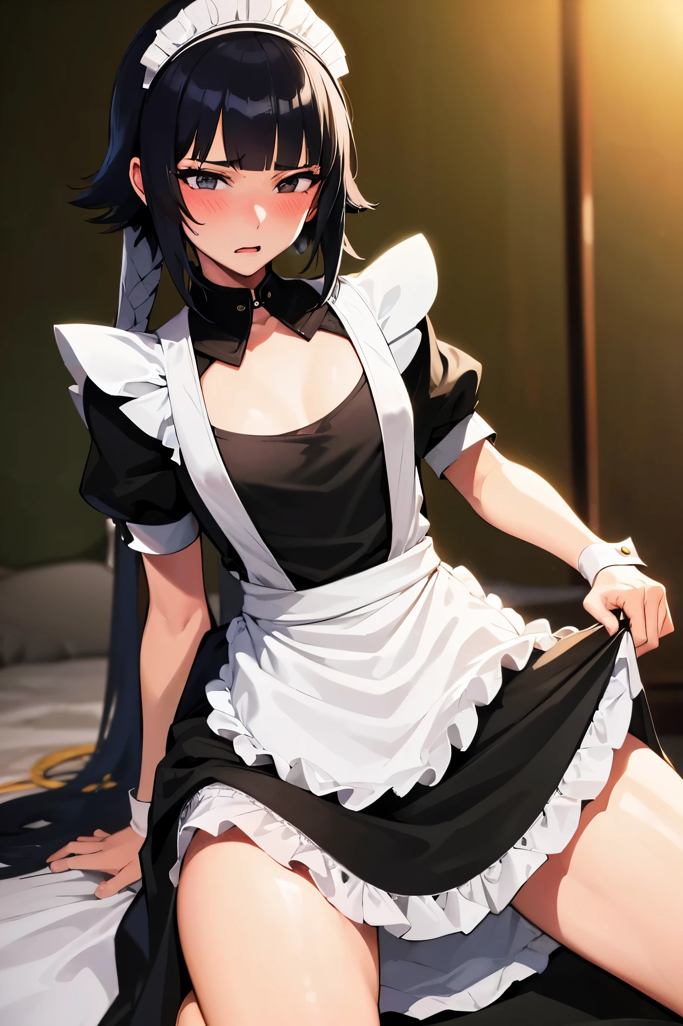 NSFW,masterpiece, best quality, high definition , very detailed,Soi Fon, shorthair 、 long hair,( maid clothes:1.5), Crop Top , maid headband ,Embarrassed,blush