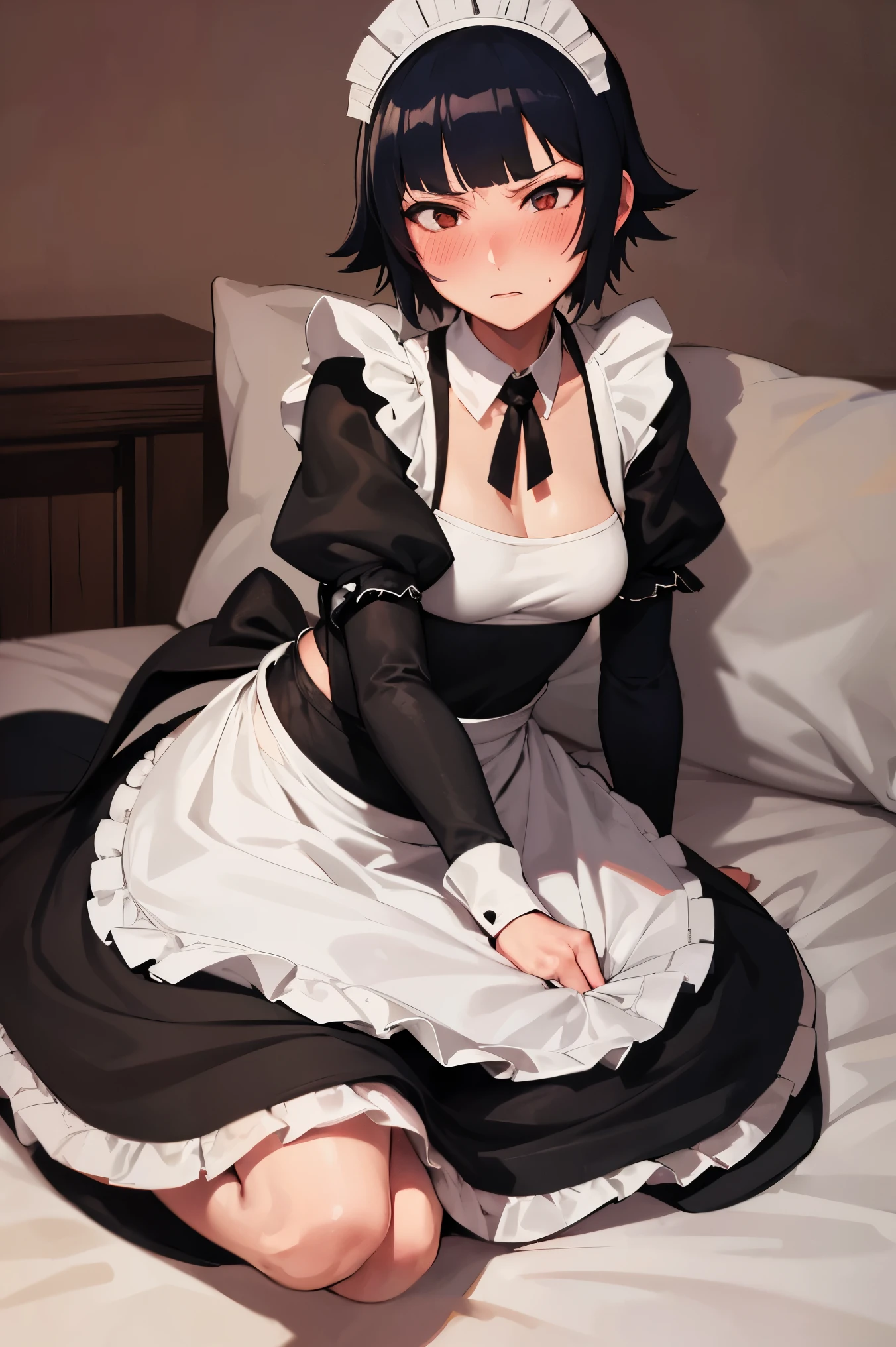 NSFW,masterpiece, best quality, high definition , very detailed,Soi Fon, shorthair 、 long hair,( maid clothes:1.5), Crop Top , maid headband ,Embarrassed,blush
