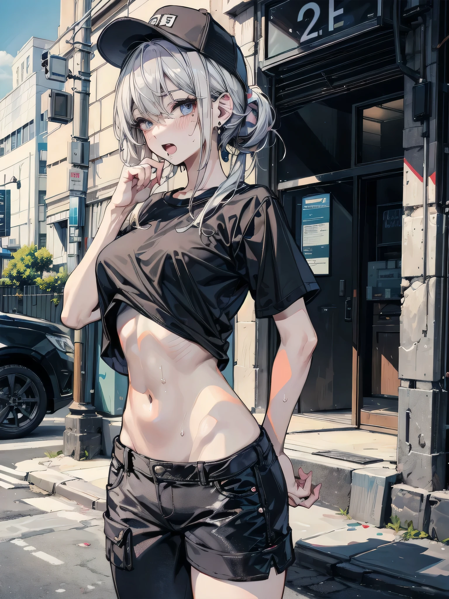 Single girl, Anime tomboy, Short, Long white hair, wolf ears, wolf tail, blue eyes, thigh high fishnets, black combat boots, nude, solo tomboy, only one female ((small breasts)) solo, alone, (SOLO)(ALONE) thighs, nice hips, blue eyes, perfect eyes, perfect face, pouty lips, happy, white shirt, midriff, black cutoff shorts, perfect detailed face, ((sweat)), aftersex, alley, modern grey walls, (prostitution), (((holding money in hand))), (((money))), dollar, ((after prostitution)), standing, spread legs, (smug), young,