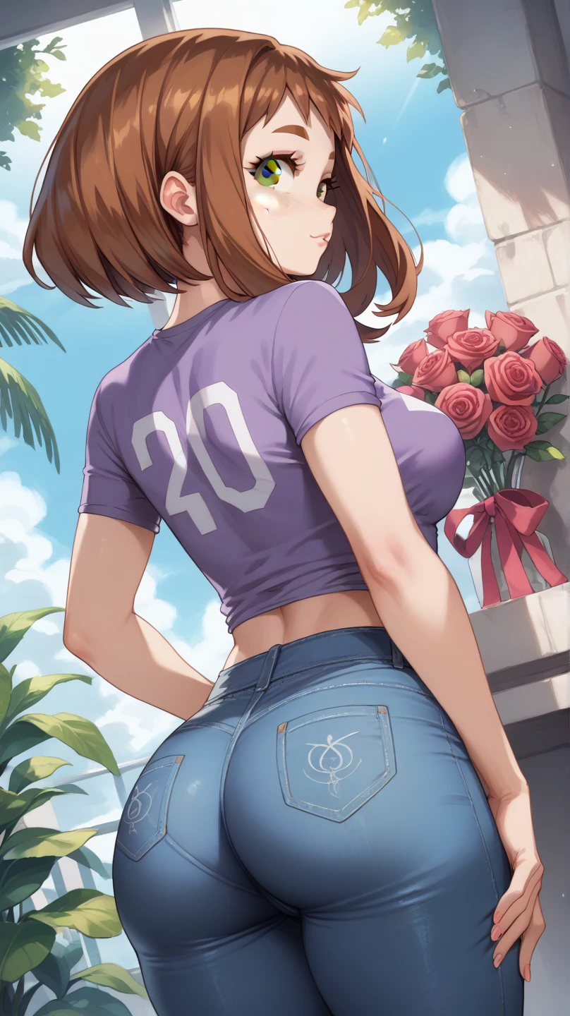 , ochako uraraka, brown eyes, brown hair, short hair, blush, blush stickers, skin tight, sexy body, sexy figure, sexy, desireable, butt, back view, back, dos, fesses , pantalon jeans, tshirt rose, dos,  bottes noires,  , elle est courte