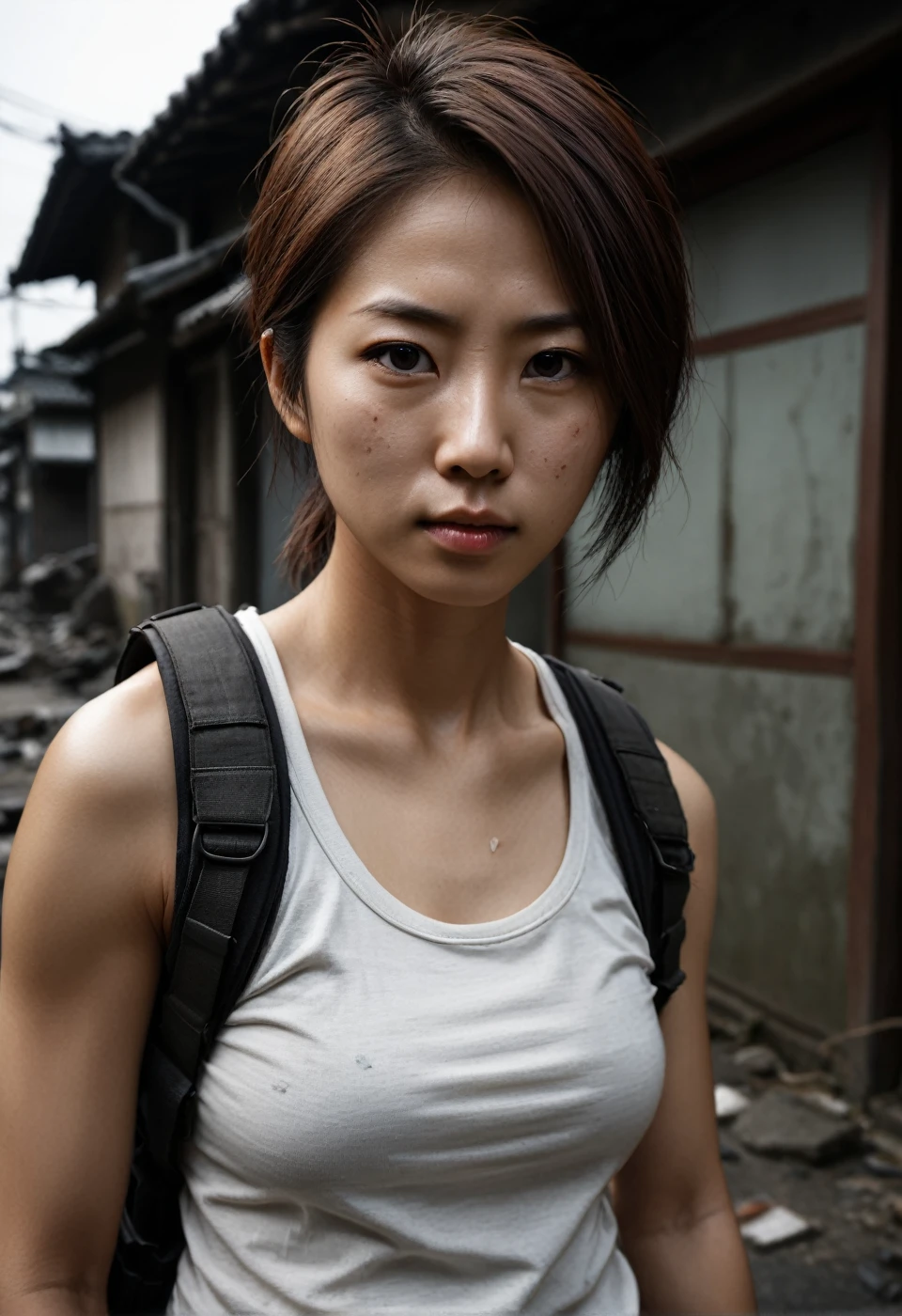 ( best quality,8k, リaルな写真,realistic skin texture,aｼﾞｱFemale,美しい日本Female,aメリカに住んでいます,wearing dirty white T-shirt and jeans,suspicious, Bulletproof vest,rifle,ショートヘa,Urban Warfare, involved in an incident ,Start fighting back ,dirty, 道端のモーテルの郊外でのモーション満載のaクションポーズ , dramatic and bold composition ,[Half Body,Muscular,を使ってズームaウトし、 hamster looking at camera)、Abrasions on face