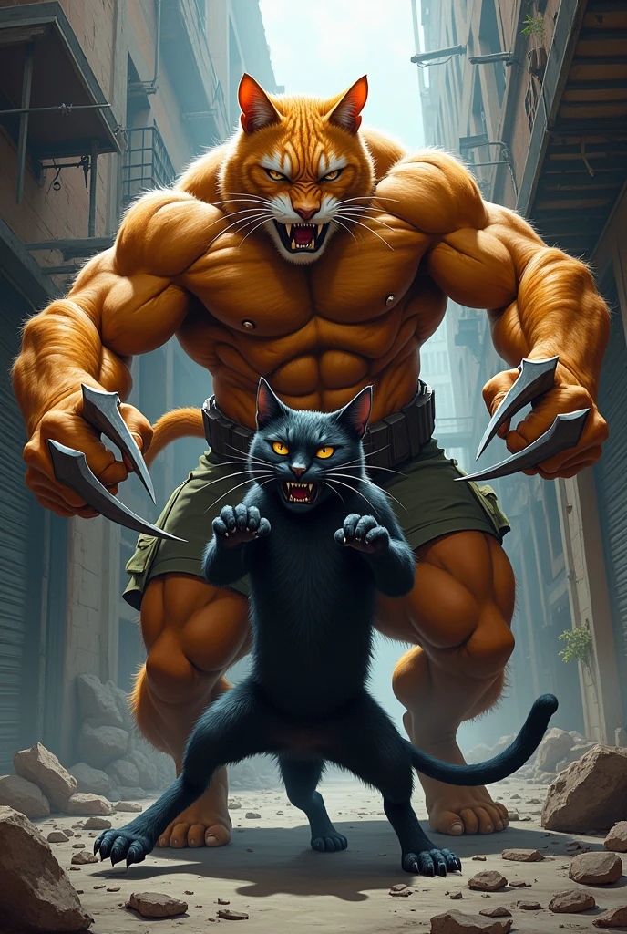 **Scene 4: Felix Yanking the Chain**
   - *Prompt*: Felix the black cat with human figure catches a swinging chain mid-air with his powerful, paw-like hand. The wiry thug who swung the chain is pulled off balance, his body jerking towards Felix. Felix’s muscles are tense, showcasing his strength. The background shows the dark alley, with the second thug losing his footing.