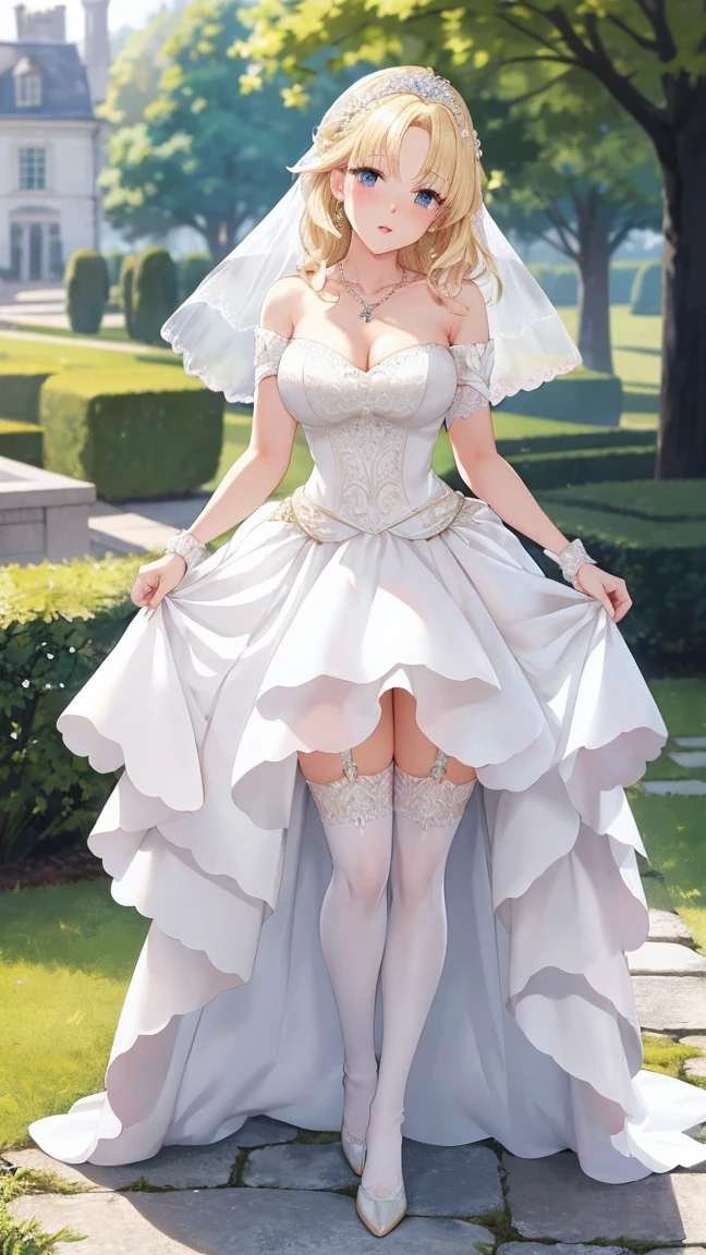 ultra detailed, sharp focus, best quality, masterpiece, colorful, mariacampbell, 1girl, blonde hair, full body shot, blush, intricate details, glossy lips, standing, layered wedding dress, garden, city, necklace, skirt parted in front, white thigh highs, lips parted