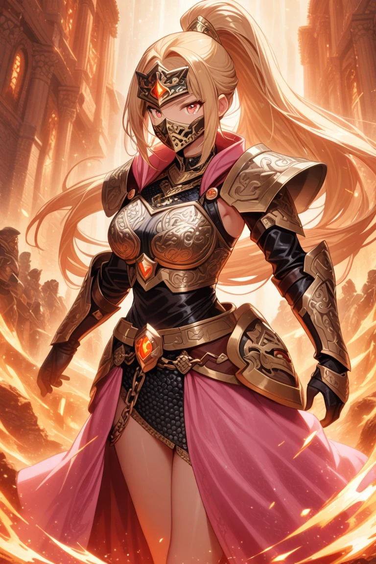 1girl, long blonde hair,high ponytail,sparkly pink bow,Hephaestus-inspired mask with glowing orange eyes and bronze accents, standing in front of flickering forge fire, leather corset over ,chain mail, armor, intricate engravings depicting scenes from ancient mythology