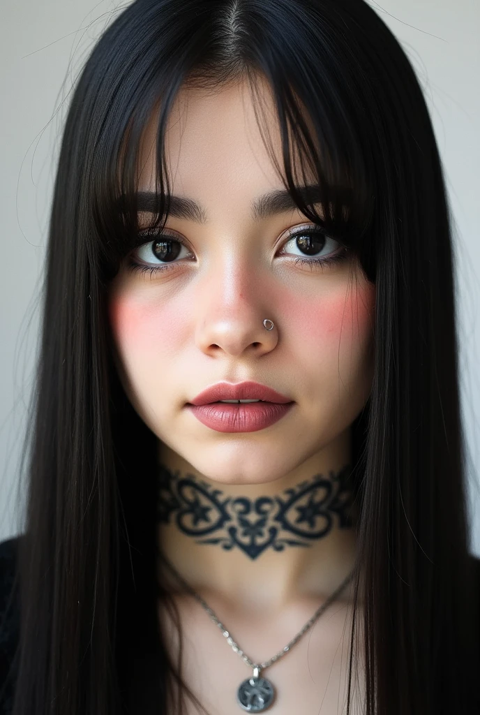 Detailed photo portrait of Billie Eilish, beautiful face, Long thin black hair, neckline, neck tattoos, masterpiece, best quality, intricate