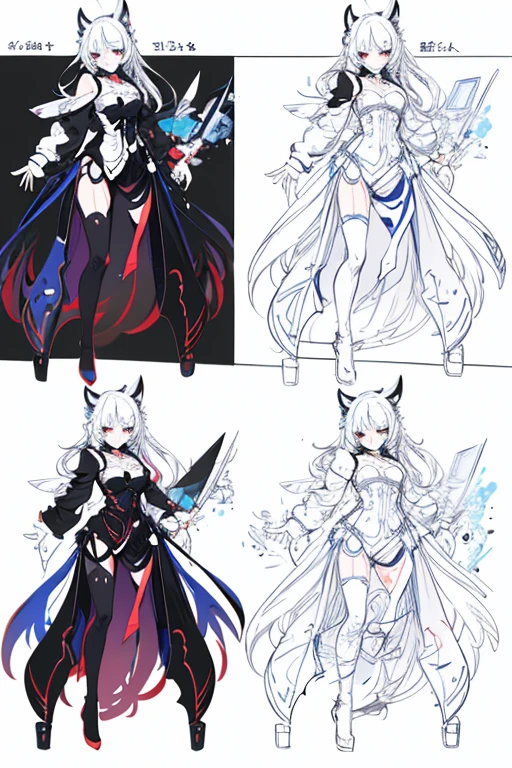 monster girl亡灵少女，Detailed character drawings，Little evil god，devil horns，headgear，Detailed character designs，full body picture，Standing drawings of characters，Double tail，multiple views，Dragon tail，monster girl