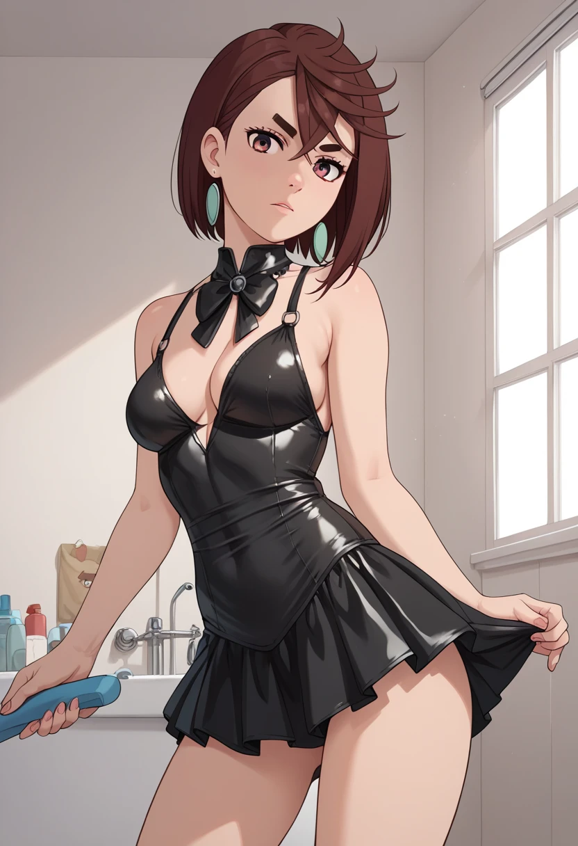 (small breasts:1.3), (perky chest:1.1), (pointed chest:1.0), (fashion magazine cover:1.3),(from below:1.0),(from side:0.9),masterpiece, 1girl, Amazing Cleavage:1.1, thin waist, big ass, Raised sexy, small breast: 1.3, posed cleavage:1.2、solo, looking at viewer, open mouth, have a cute grass of cute beergrass,black hair, dark green eyes, dress, bare shoulders, jewelry, collarbone, sidelocks, hairband, earrings, indoors, off shoulder, :o, sweater, arms behind back, plant, short hair with long locks, gild hairband, off-shoulder dress, sweater dress, off-shoulder sweater, red sweater, dark gord hair, big side hair, very long side hair,is rendered in (masterpiece: 1.2, best quality), with (ultra high resolution) and an exquisite (depth of field). This masterpiece is not only visually stunning but also tells,A scene of cooking in the kitchen by classroom