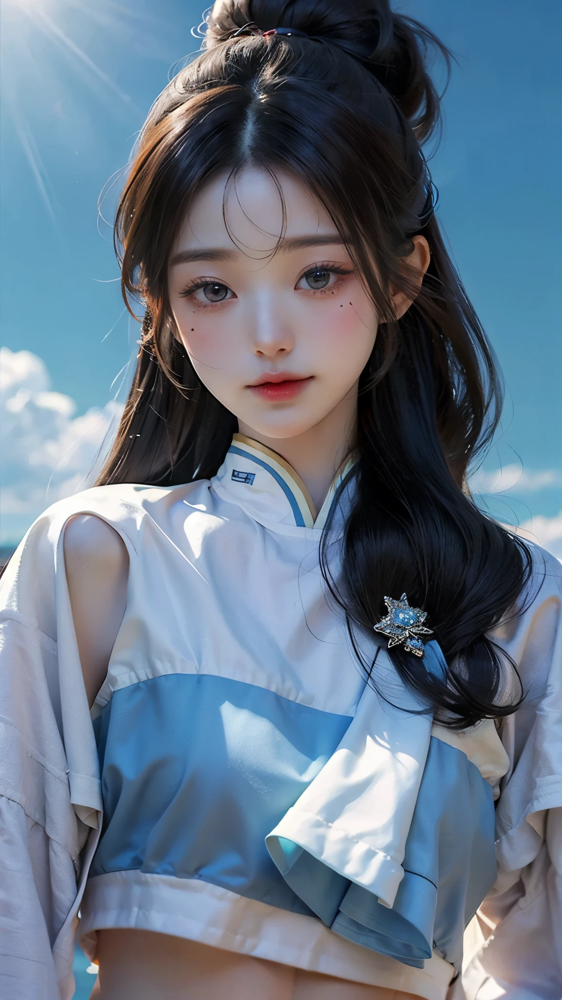 (masterpiece), (top), (High Quality Details), (illustration), ( Watch 1 female ), Staring at the viewer, (Interview), Beautiful, Detailed Eyes, delicate and beautiful face, Floating, (High saturation), (shining), blue sky, Bright and beautiful face, skin is young and radiant, Fair and shining, top appearance, Very beautiful, Her big eyes shine with a clear sky blue light while staring at the viewer, A beautiful and amazingly beautiful girl staring at her viewer,