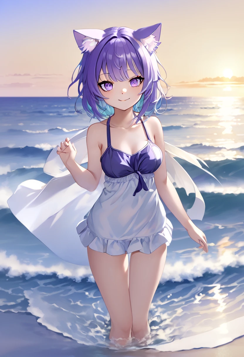  super precise illustration 、Delicate illustration 1 girl、hololive、Nekomata okayu、 animal ears 、solo、Purple Eyes、Purple Hair、Cat ears、ahoge、 animal ears の綿毛、chest、Hair between the eyes、Cat Girl、evening、beach、sunset、bikini、 swimsuit、 flip flops through the waves、wind、Smiling Kindly、null、sunset、Water&#39;s Edge、 standing