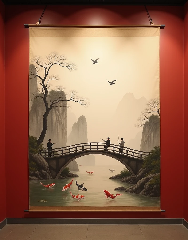 a bridge over a misty cliff, fishermen on the bridge, swallows flying, koi jumping in the river, traditional Chinese ink painting on a scroll, displayed on a red wall, warm lighting, in a museum exhibition