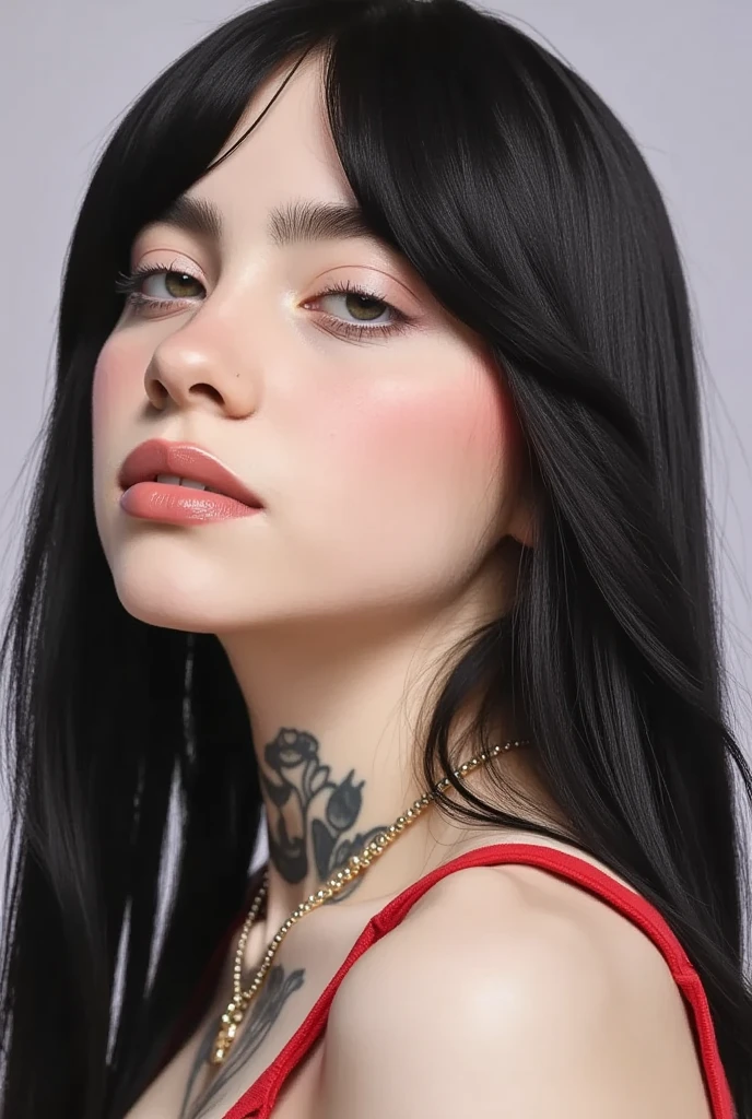 Detailed photo portrait of Billie Eilish, beautiful face, Long thin black hair, neckline, neck tattoos, masterpiece, best quality, intricate