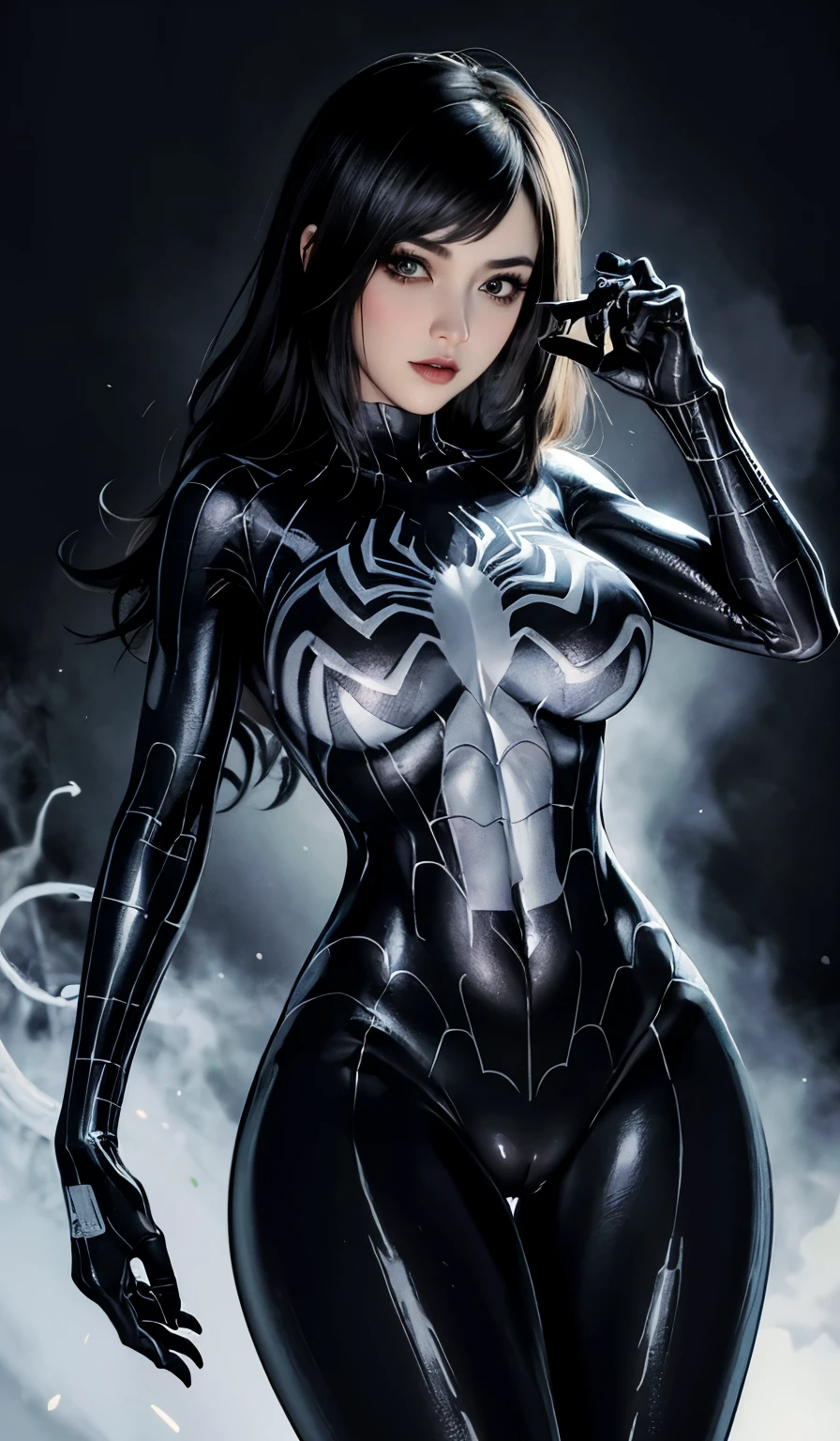 4K，Realistically，Glamorous，charming，Mature，Mature，Royal sisters,Very detailed，There is a girl in Dingcheng，Dressed in a black hero costume（Dragon Poison Liquid Black Set），（black and white：1.4） night,symbiote，poison，Lots of mucus,Electronic Demon, melted, Destroyed artwork, Fine details, Tentacles, wrapped in black Tentacles, covered with Tentacles, some Tentacles are touching her,She is a hero，Black superhero theme，Close-up of a person painted black, In front of the sky，color，( Open your legs， Camel toe，， Vulva shape：1.2）,(GGcamel toe:1.2)，35 years old，Full body female