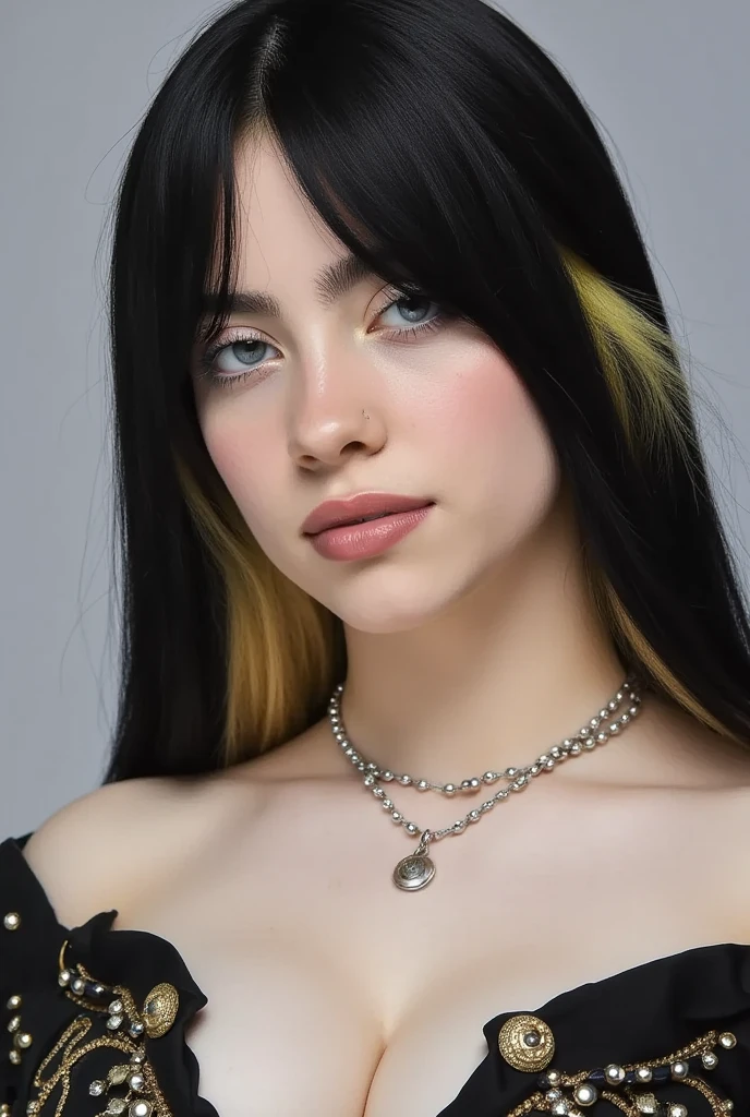 Detailed photo portrait of Billie Eilish, beautiful face, Long thin black hair, neckline, masterpiece, best quality, intricate