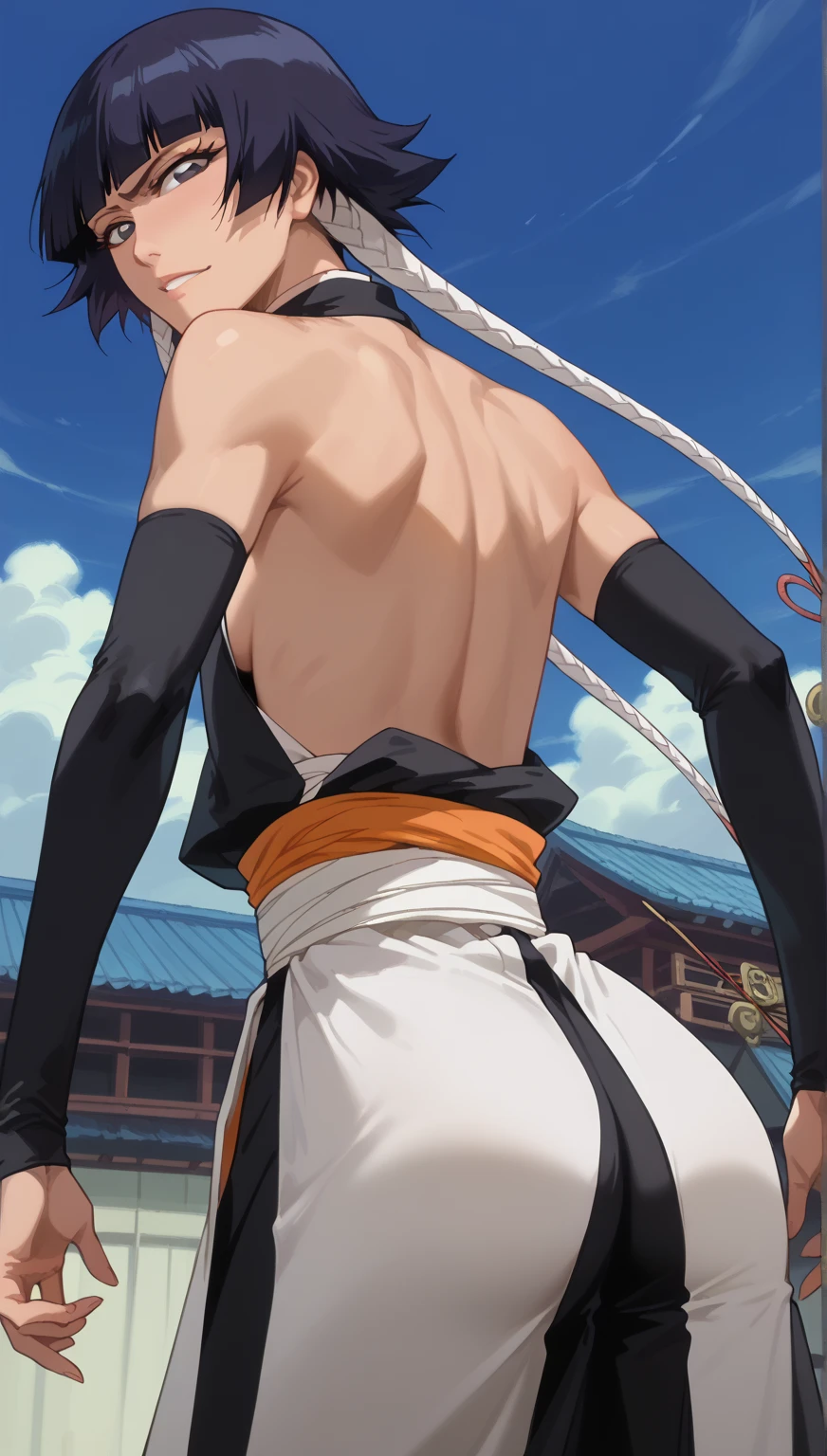 whole body、、     sweated、   、close-up、、、Soi Fon、 、Bleach、Bleach、Black Hair, 1girl, breasts, soifon, japanese clothes, sideboob, hip vent, detached sleeves, bare shoulders, small breasts, armpits,  seductive smile, seductive eyes, looking back, back, showing back, sexy, ass, ass cheeks