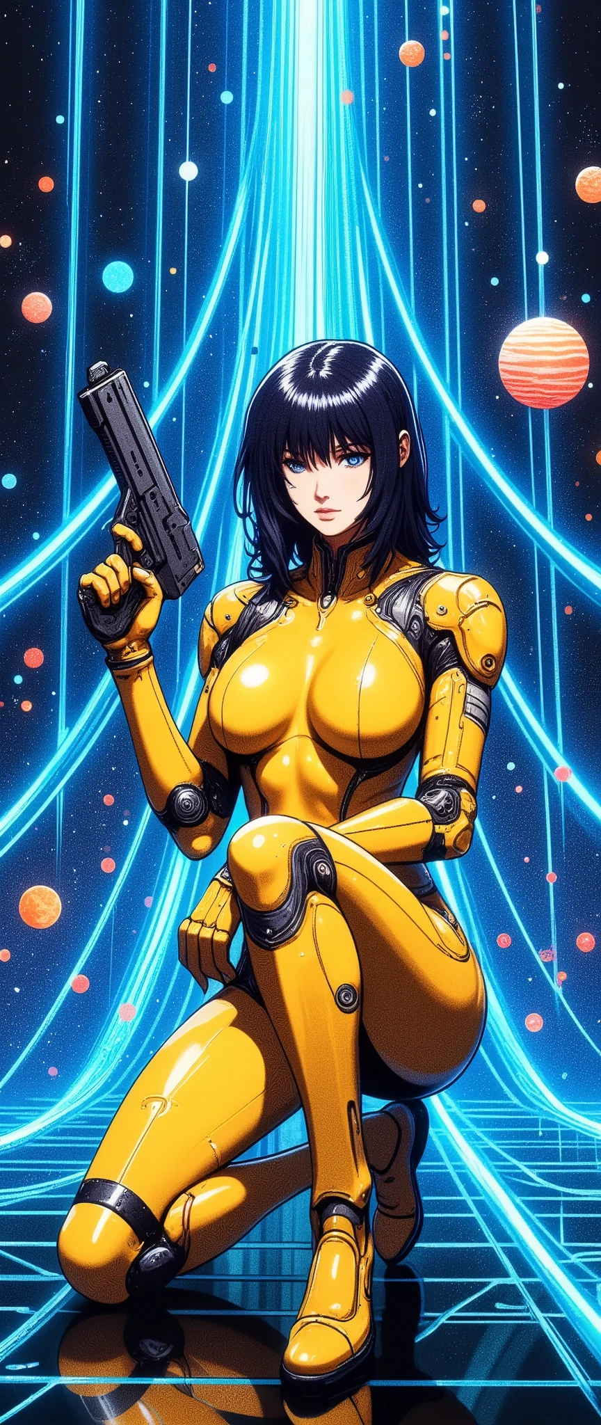 (masterpiece, best illustration,Super detailed),( android woman),(front:2.0),( beautiful face),( beautiful eyes),( is looking over here:2.0),(Serious:2.0),(Hold the gun and aim at the camera:2.0),(Point the gun at the camera:2.0),(Get down on one knee:2.0),(Raise your right knee:2.0),(The background is a tunnel drawn by stretching blue hologram lines in blue cyber space),( detailed hands :2.0),(Beautiful female hands:2.0),(Neon colored planetary groups in the background:2.0)
