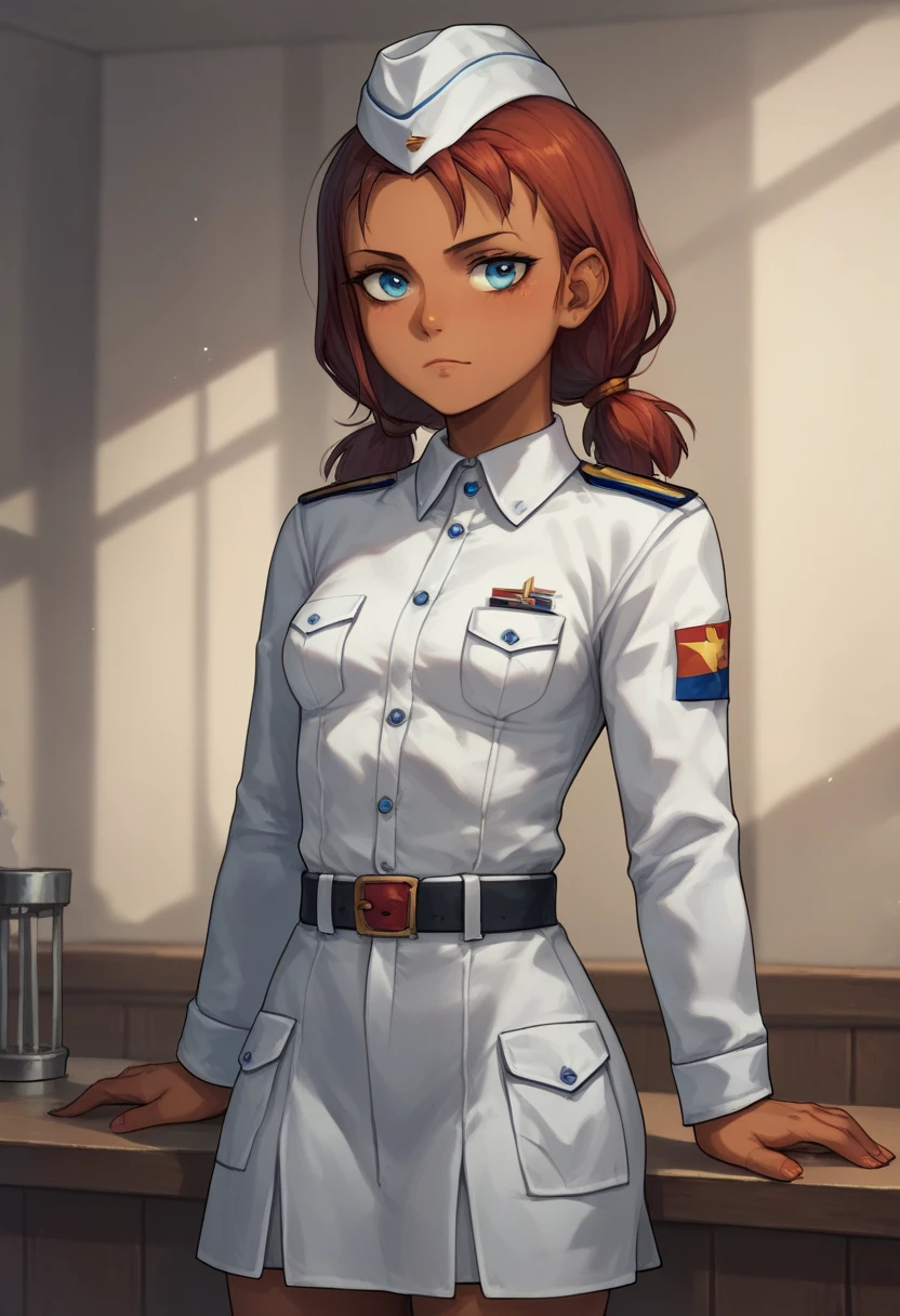 score_9, score_8_up, score_8,masterpiece,1girl, blue eyes, solo,ulyana,low twintails, red hair,tanned skin, small breasts, Soviet Military uniform, skirt, belt, garrison cap,(white uniform:1.4)