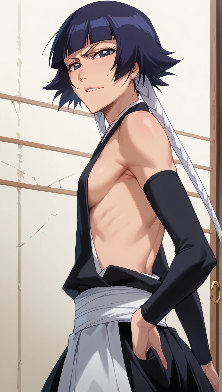 whole body、、     sweated、   、close-up、、、Soi Fon、 、Bleach、Bleach、Black Hair, 1girl, breasts, soifon, japanese clothes, sideboob, hip vent, detached sleeves, bare shoulders, small breasts, armpits,  seductive smile, seductive eyes, looking back, back,