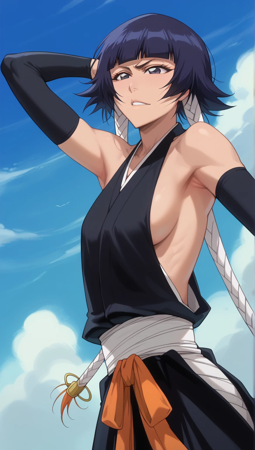 whole body、、     sweated、   、close-up、、、Soi Fon、 、Bleach、Bleach、Black Hair, 1girl, breasts, soifon, japanese clothes, sideboob, hip vent, detached sleeves, bare shoulders, small breasts, armpits, showing armpits, arms up,  seductive smile, seductive eyes