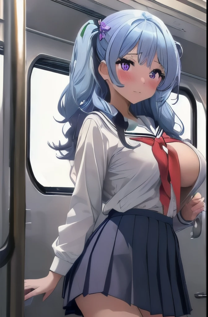 ((nsfw)), ((masterpiece, Best Quality)), very detailed、 1girl, ((big breasts)),　matsubara kanon , busty, bangs, long_hair, ((skyblue hair)), ribbon, hair ornament, (one side up hair), hair ribbon, (((Student Uniform))), brown shirt, long sleeve, brown skirt, ((lift up shirt)), ((underboob)), (micro skirt), ((lift up skirt by self)), (white_lace_panties), purple_eyes, Blushing, embarrassed,  in a crowded train、In front of the door、standing、Full body images、Outside view