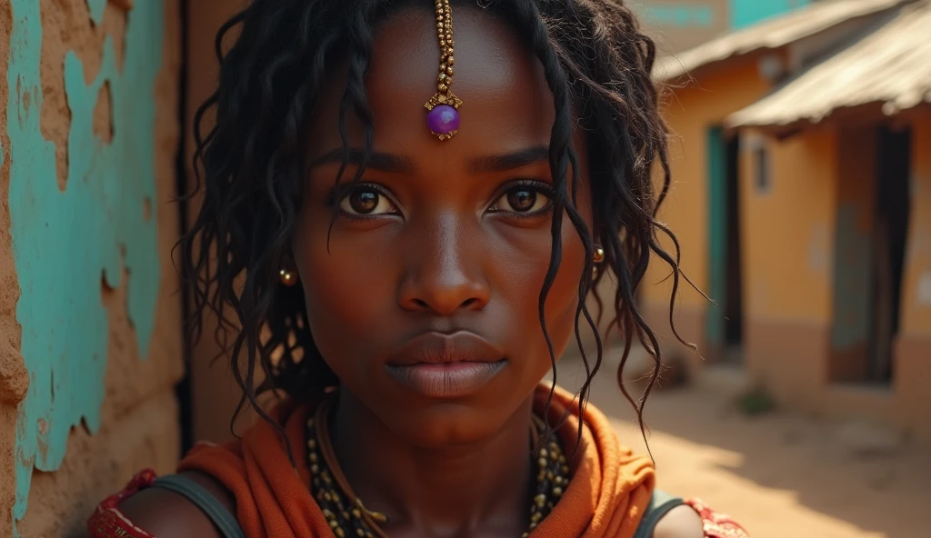 Render a close-up of Young african woman's face, tears welling up in her eyes as she watches over her mother. The background shows the humble interior of their hut, with traditional decorations and herbal remedies on a small table.