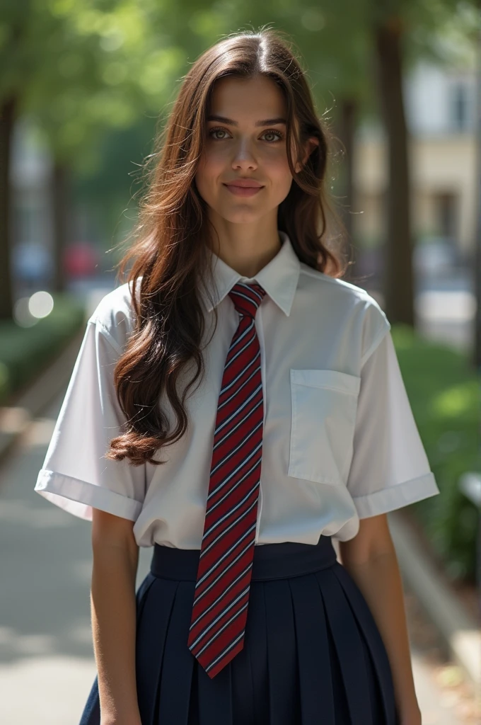 A beautiful 16 year old white girl with a very fat belly, long wavy black hair, very chunky legs and arms, in school hallway, wearing small white shirt and red skirt, round belly