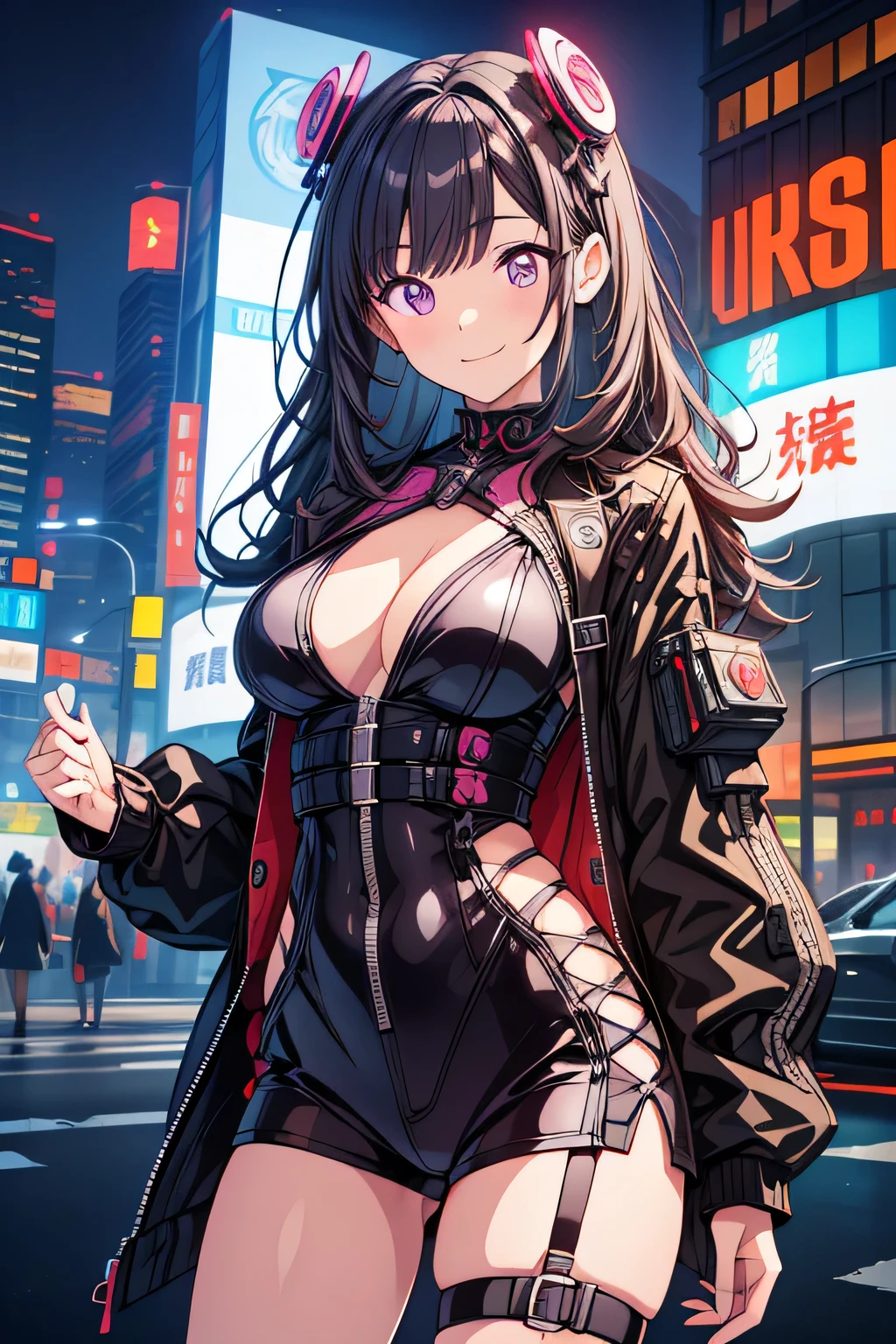 , best quality, 2 ((smiling)) cyberpunk girls standing together, Harajuku-inspired cyberpunk body harness, bold colors and patterns, eye-catching accessories, trendy and innovative hairstyle, dazzling Cyberpunk cityscape, skyscrapers, neon signs, LED lights, bright and vivid color scheme, anime, illustration, detailed skin texture, detailed cloth texture, beautiful detailed face, intricate details, ultra detailed, cinematic lighting, dark shadows., lewd outfit, epic ecchi,