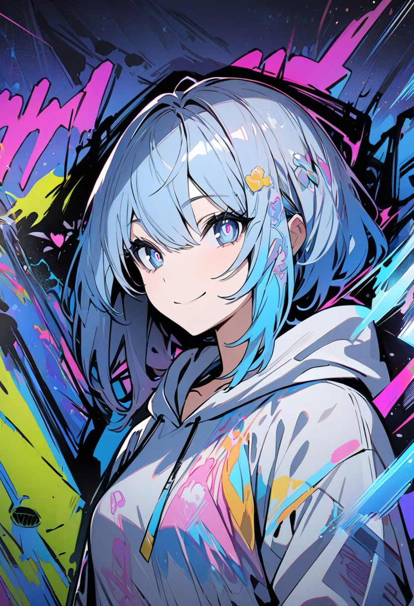 masterpiece,  best quality, 8k, detailed background, masterpiece,  best quality, smile,  t I ,  HOODIE, Portraiture, Neon Blue, graffiti, dark, night, Shining Eyes,  Black Light,Shen He