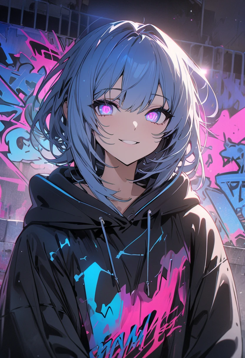 masterpiece,  best quality, 8k, detailed background, masterpiece,  best quality, smile,  t I ,  HOODIE, Portraiture, Neon Blue, graffiti, dark, night, Shining Eyes,  Black Light,Shen He