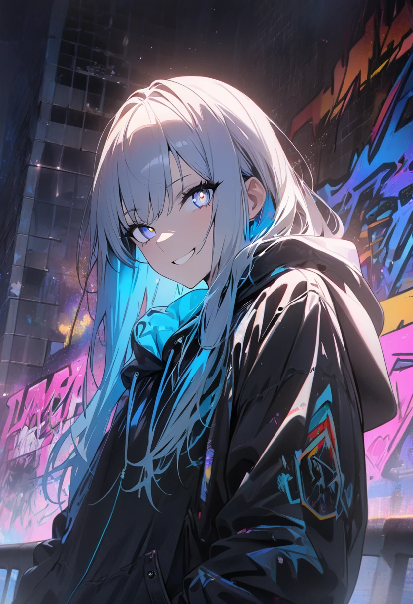 masterpiece,  best quality, 8k, detailed background, masterpiece,  best quality, smile,  t I ,  HOODIE, Portraiture, Neon Blue, graffiti, dark, night, Shining Eyes,  Black Light,Shen He