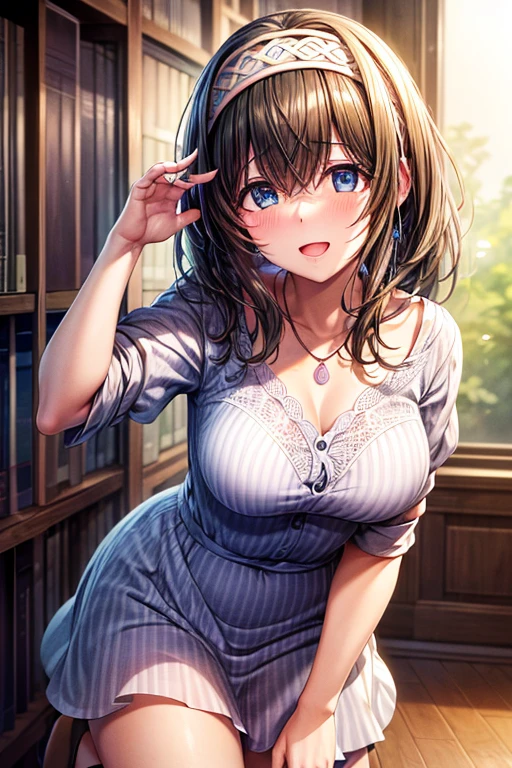 masterpiece, highest quality, Absurd, 8k, High resolution, Super detailed, Best illustrations, 超High resolution, Depth of written boundary, original, 8k cg wallpaper, (absurdres absolutely resolution: 1.5), (ultra-detailed face), nsfw: 1.5,Shiny eyes, Detailed Hair, Realistic Hair, Realistic lighting, Realistic Shadows, Realistic Skin, Natural skin texture, Transparent break (score_9,score_8_up,score_7_up,score_6_up,score_5_up,score_4_up), best quality,masterpiece, 8k, professional lighting, rating_explicit, uncensored, aafumika, idolmaster, long hair, hairband, collarbone, necklace,( onepiece dress,see-through:0.8),( leaning forward:0.8), library, bookshelf background, ((drunk)), ((watery eyes)), ((watery eyes:1.1)), (ecstasy torogao:1.3), (orgasm:1.3), lovey-dovey, Blush,happy,