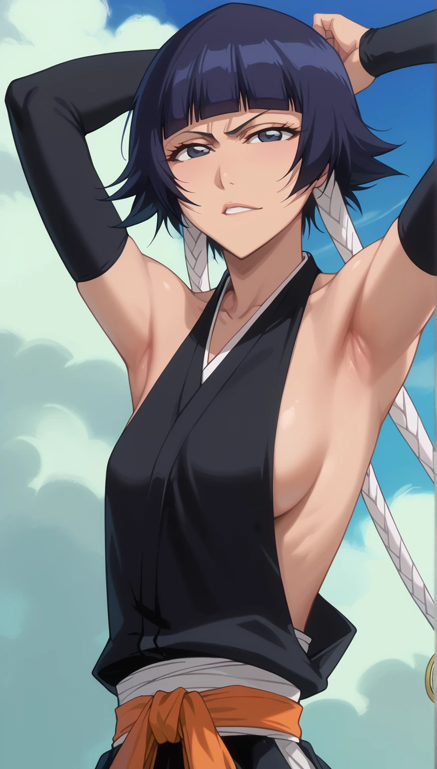 whole body、、     sweated、   、close-up、、、Soi Fon、 、Bleach、Bleach、Black Hair, 1girl, breasts, soifon, japanese clothes, sideboob, hip vent, detached sleeves, bare shoulders, small breasts, armpits, showing armpits, arms up,  seductive smile, seductive eyes