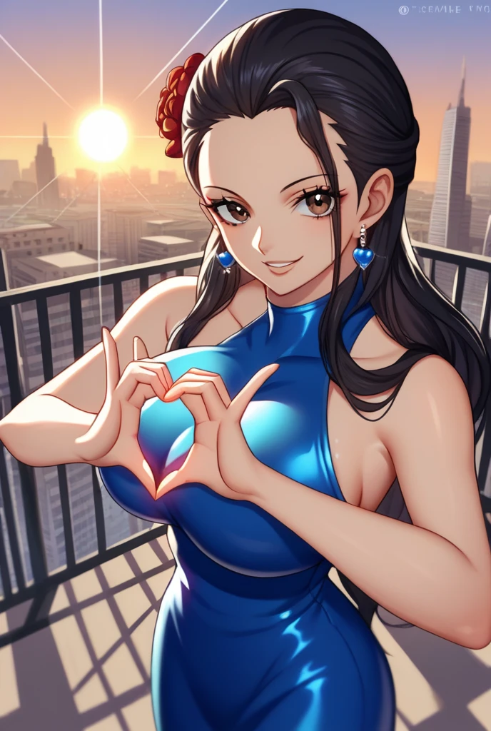 score_9, score_8_above, source_anime ROMPE en sunitario, looking at the viewer, COWBOY SHOT,
violaop, brown eyes, black hair, long hair, hair slicked back, earrings, by the flower, blue dress, sleeveless dress, blue latex dress, jewelry, heart fingers, Heart Hands, smile, curvilinear, big breasts, 
city, arena, , sun, sunlight,