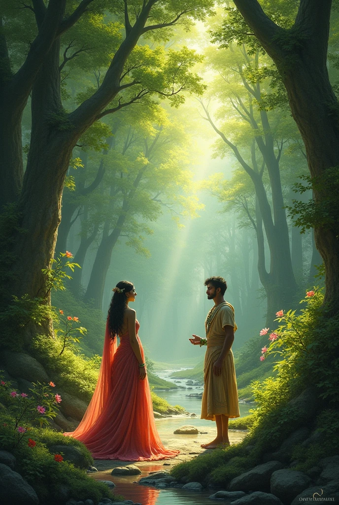 Savitri and Satyavan in the Forest:** Savitri meeting Satyavan for the first time in a dense, green forest. Satyavan is chopping wood, and Savitri is mesmerized by his simplicity and strength.