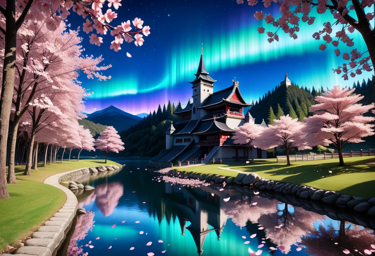 score_9, score_8_up, score_7_up, 3d, (Scenic Background, View of a Japanese Style Castle, Surrounded by a lake, Cherry Blossom Trees, Falling Cherry Blossom Petals, aurora and stars fill the night sky: 1.3), extremely detailed, ray tracing, RTX, high saturation, high contrast, photon mapping, (sharp image), (best quality), (detailed background), (intricate details), hyper detailed, 16k, light and shadow on skin, vivid colors, (lowkeylights_v2), (Dark), (Low-Key)
