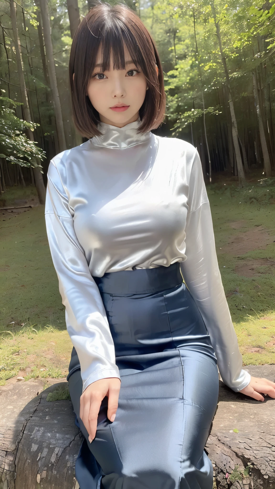 (masterpiece,  best quality,    ultra high resolution ),  extremely detailed CG  ,  short bob hair with bangs 、  beautiful face、(((  very pretty Japanese woman hiding her chest with her hands ))),((High waist mermaid pencil skirt made of strong shiny silver satin fabric )),(((  long skirt )))、((( Long-sleeved high-neck t-shirt that fits the body perfectly, made of silver satin fabric with a strong luster)))、((((Sitting in the forest on a dark night)))), sexy hipped 