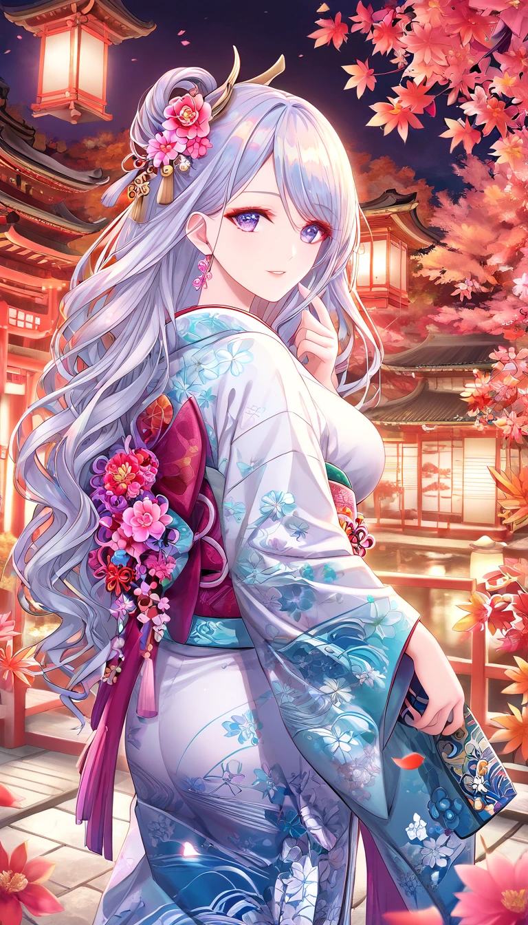 A beautiful anime-style character inspired by the sasanqua flower (Camellia sasanqua). The character has long, flowing hair with soft pink and white gradient tones resembling the flower petals, and delicate floral patterns on her traditional Japanese kimono. She is surrounded by blooming sasanqua flowers, with gentle sunlight filtering through. Her expression is serene and gentle, evoking a sense of peace and elegance. The background features a tranquil Japanese garden in autumn. Highly detailed, soft lighting, pastel colors.