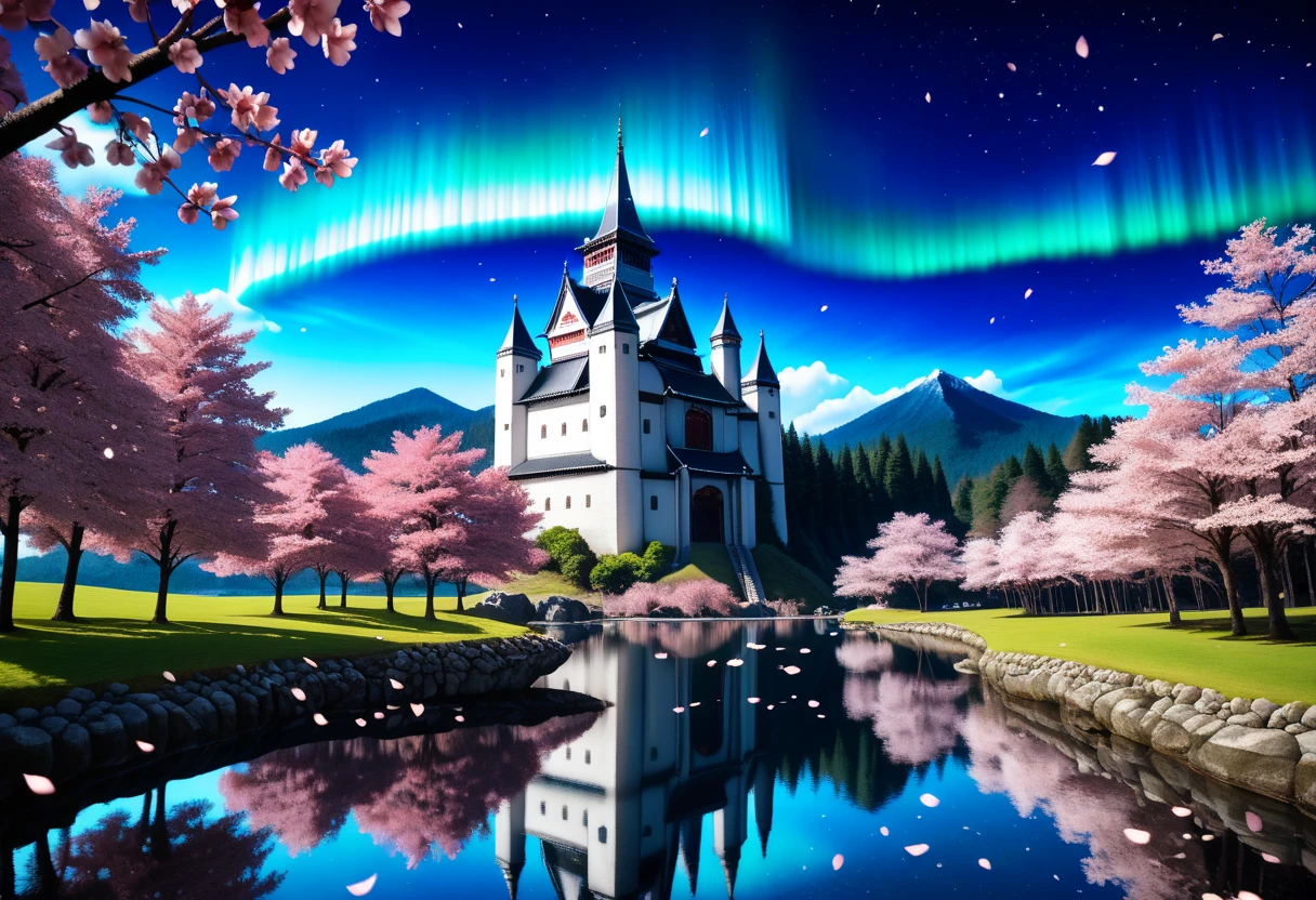 score_9, score_8_up, score_7_up, 3d, (Scenic Background, View of a Massive Japanese Castle, Surrounded by a lake, Cherry Blossom Trees, Falling Cherry Blossom Petals, aurora and stars fill the night sky: 1.3), extremely detailed, ray tracing, RTX, high saturation, high contrast, photon mapping, (sharp image), (best quality), (detailed background), (intricate details), hyper detailed, 16k, light and shadow on skin, vivid colors, (lowkeylights_v2), (Dark), (Low-Key)
