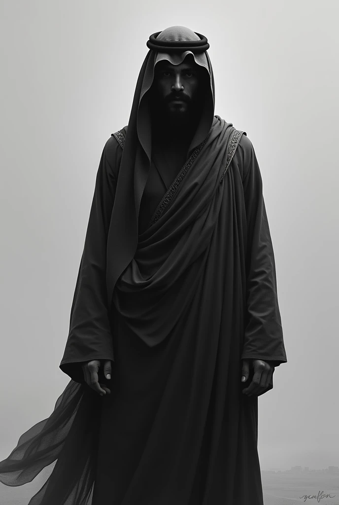 A muslim bearded man with arabic dress. Black and white. Faceless. Means no eyes, nose, ears