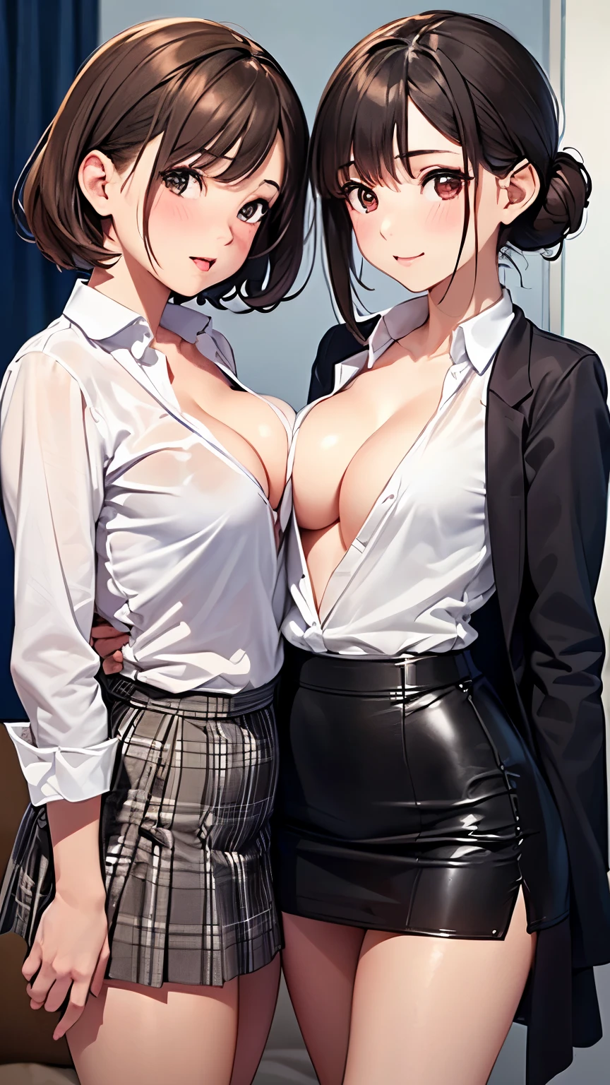 two sexy bubbly and cheerful women in office outfits, kneeling, short, bun tied black hair, happy opened mouths, portrait, close up faces, view from above