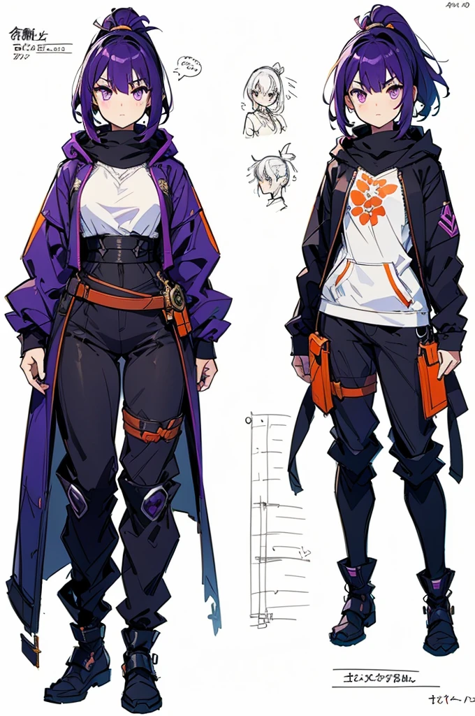  black background with spotlights, kishi-v2, Purple Hair,  with an adult-like face , ponytail,  black tights , Short hair updo,  with orange and white hair {x} in a hoodie ,  I was wearing long pants,nice,big woman wearing a black robe , Nervous, COWBOY SHOOTING , sketch ( character design sheet, same characters, whole body, Three Views, Front, ~ ~ ~ side, return),(Very bright:1.1), White background, [ 1 girl:7], ( tilting your head :1.2), ([sketch|watercolor \(Moderate\)]:1.15)