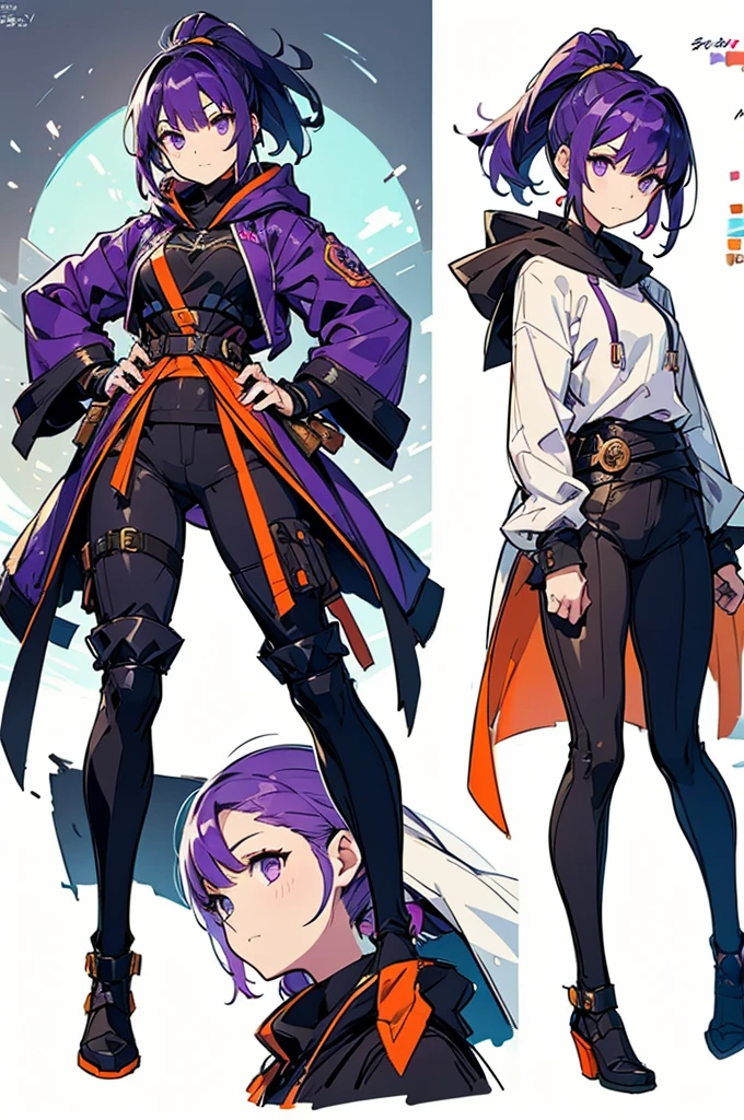  black background with spotlights, kishi-v2, Purple Hair,  with an adult-like face , ponytail,  black tights , Short hair updo,  with orange and white hair {x} in a hoodie ,  I was wearing long pants,nice,big woman wearing a black robe , Nervous, COWBOY SHOOTING , sketch ( character design sheet, same characters, whole body, Three Views, Front, ~ ~ ~ side, return),(Very bright:1.1), White background, [ 1 girl:7], ( tilting your head :1.2), ([sketch|watercolor \(Moderate\)]:1.15)